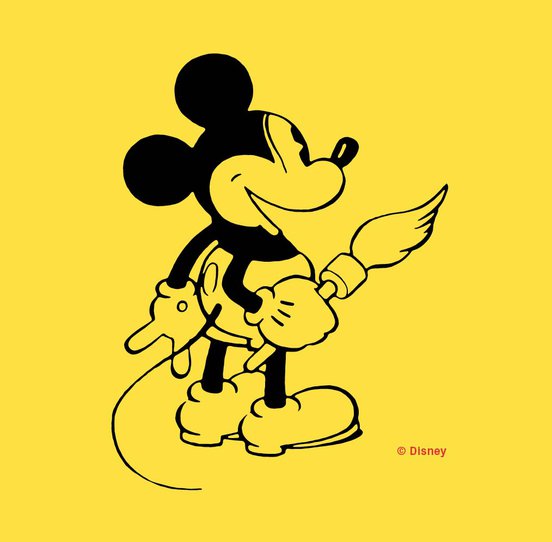 Mickey Mouse holding a paintbrush (black on yellow background). Disney: The Magic of Animation