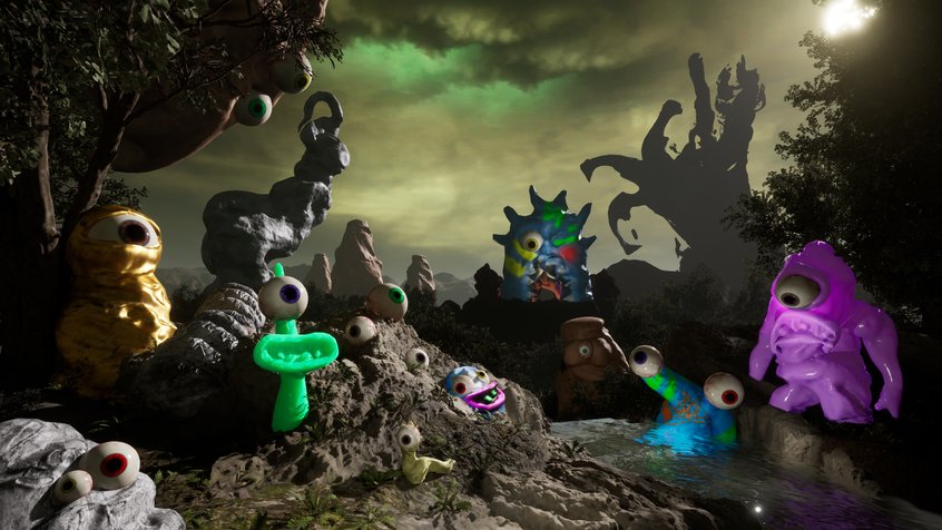 Plasticine monsters of various shapes, colours and sizes with googly eyes standing in a dark fantasy landscape with sickly green sky.