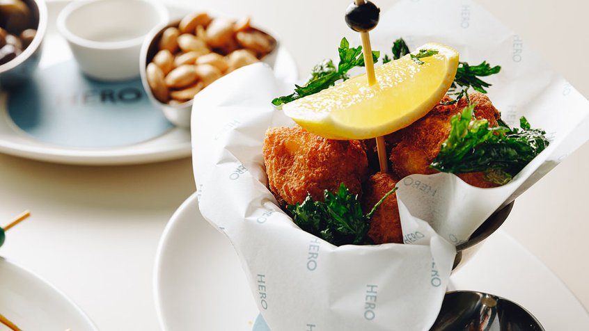 Crumbed fish bites at Hero at ACMI, Fed Square Melbourne