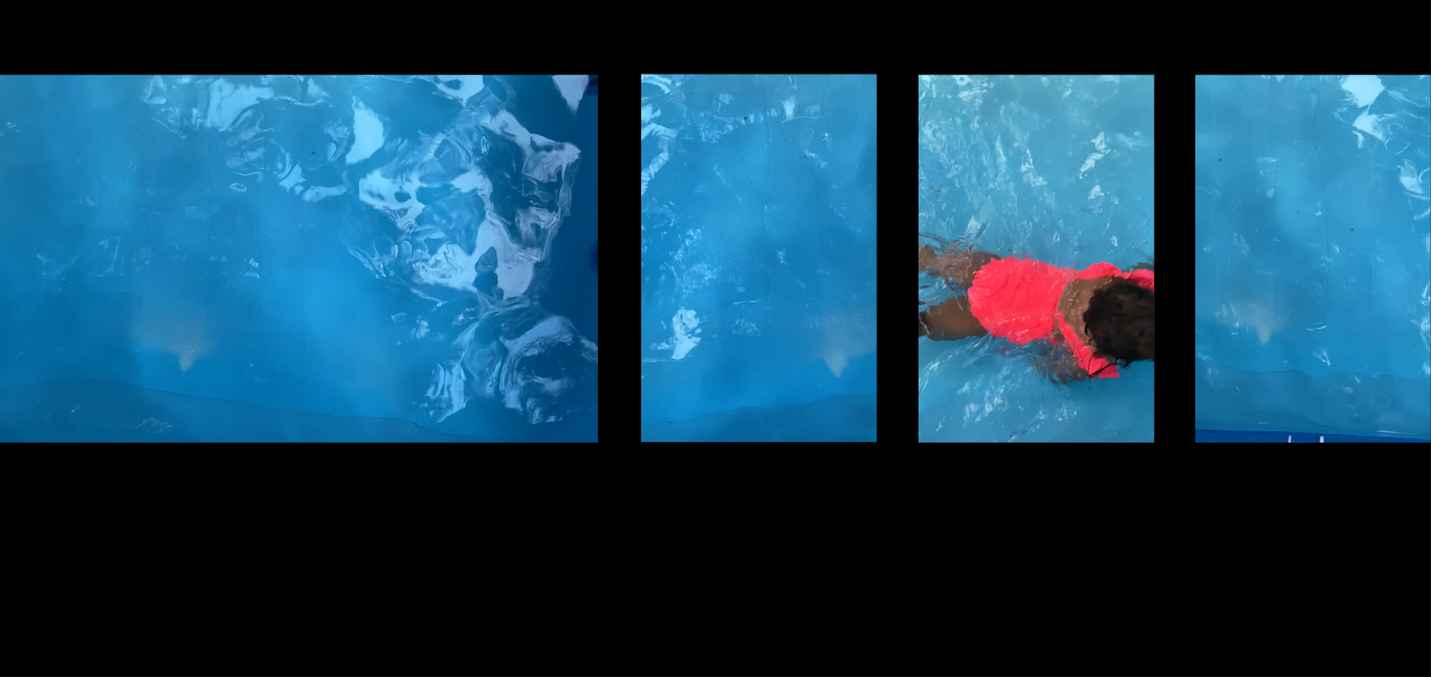 A still from John Harvey's screen art work 'Canopy' (2020), depicting a young girl in a fluorescent pink bathing suit swimming in a pool. The image is shot from above and split into 4 panels.