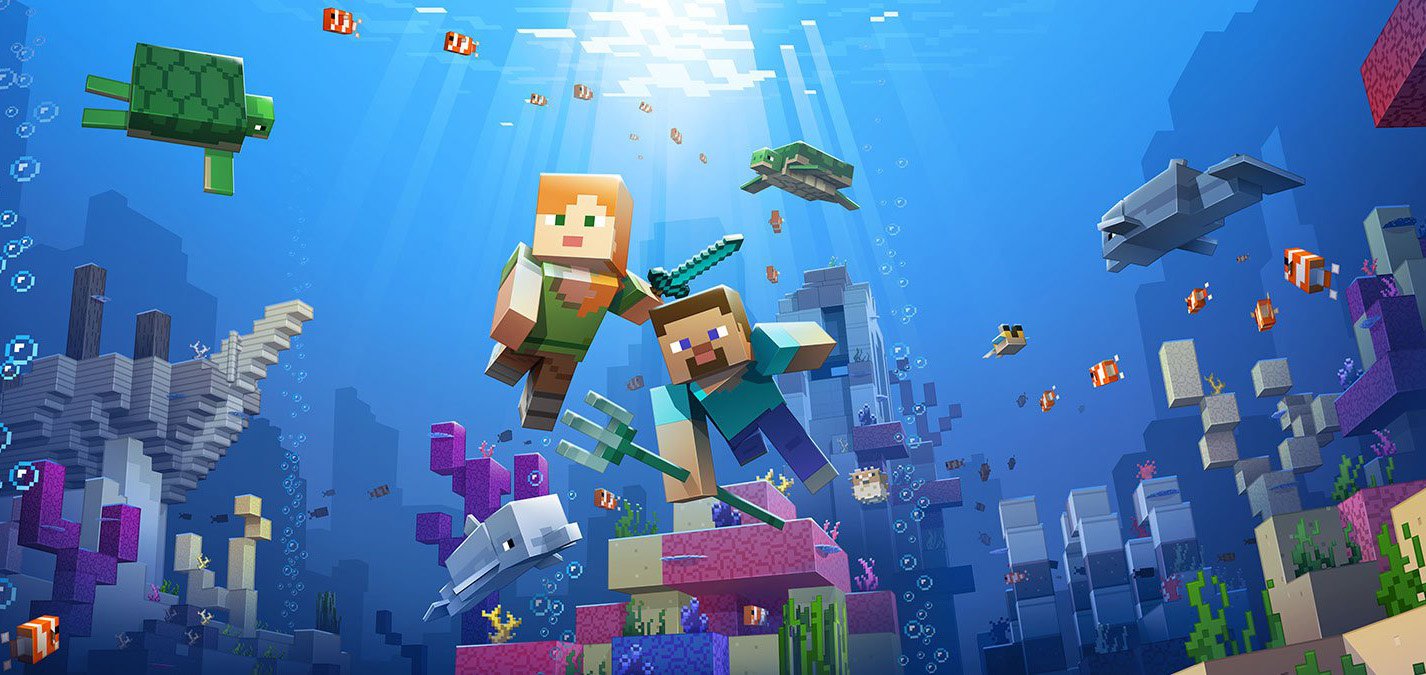 Screenshot from Minecraft (2011) of characters underwater