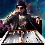 An image of artist Memo Akten, rendered in a fantastical style that seems generated by AI. He is wear a grey jacket, black hat and a t-shirt with the universe, sitting in front of a backgammon board with the universe swirling behind him.